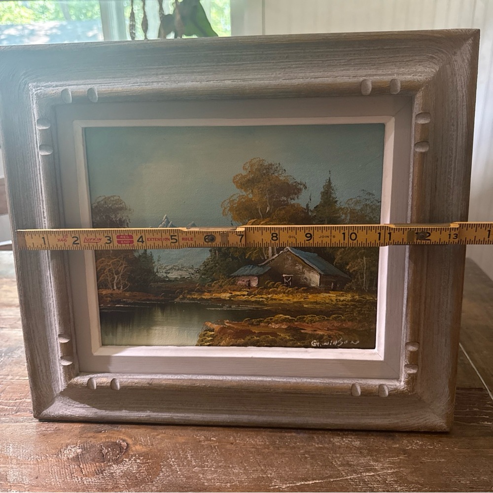 Vintage Signed Oil Painting Blue and Green Mountain Lake Cottage Oil Painting - Picture 4 of 8